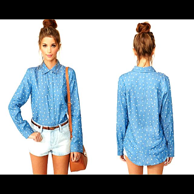 light blue polka dot blouse