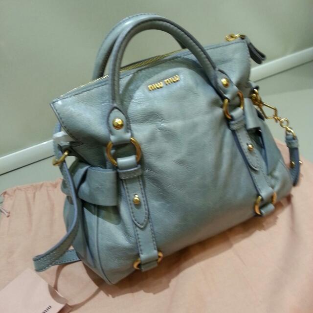 Miu Miu Small Bow Bag In Greyish Blue, Luxury, Bags & Wallets on Carousell