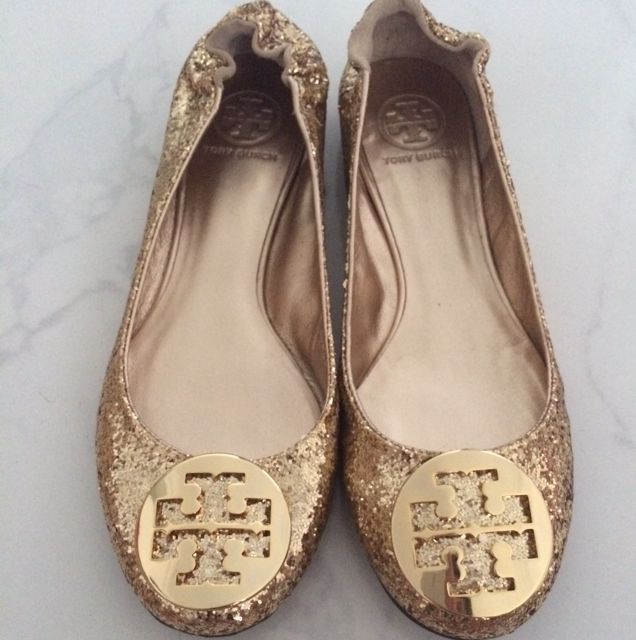 TORY BURCH REVA SUEDE MALACHITE GOLD HARDWARE LOGO BALLET FLATS Sz 7