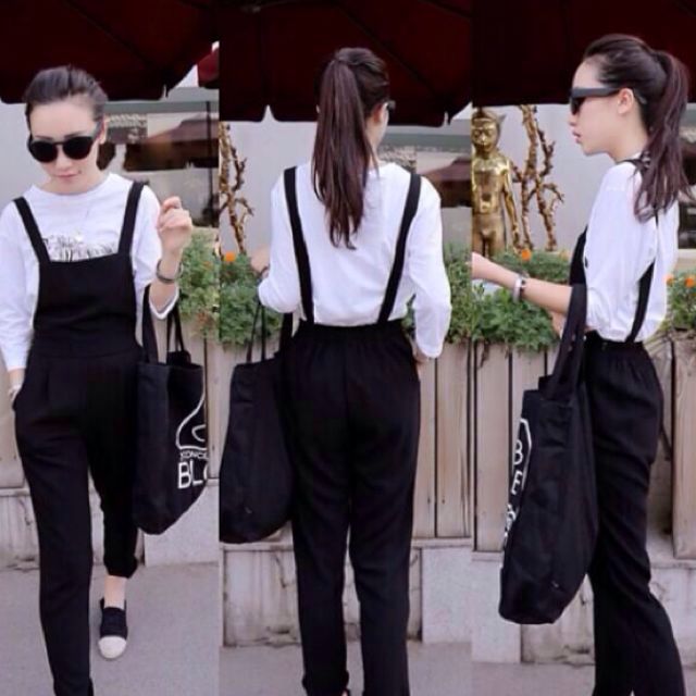 black jumpsuit with suspenders