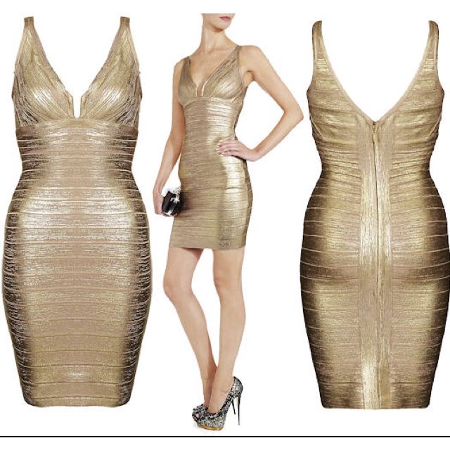 Herve Leger Inspired Gold Foil Bandage Dress Women s Fashion