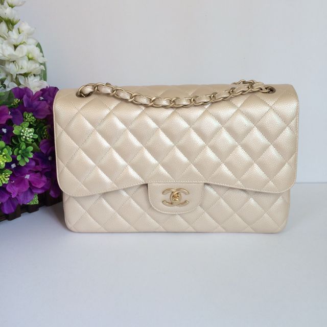 Rare Chanel 12P Pearly Beige-Rose Caviar Jumbo Double Flap Bag