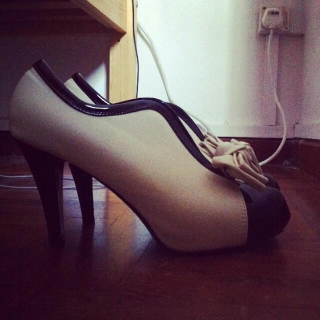 white ribbon heels