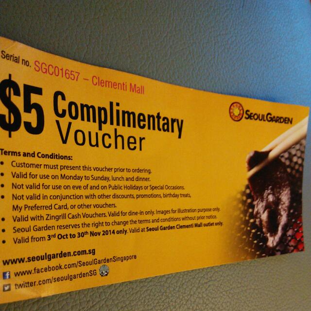 5 Seoul Garden Voucher (clementi Mall Only) , Tickets & Vouchers