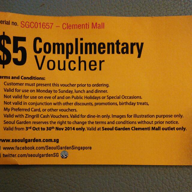 5 Seoul Garden Voucher (clementi Mall Only) , Tickets & Vouchers