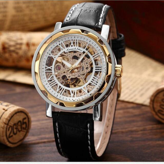 KS Men s Vintage Roman Skeleton Self winding Mechanical Leather