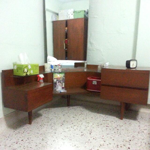 Vintage Teak Dressing Table With Full Length Mirror Antique