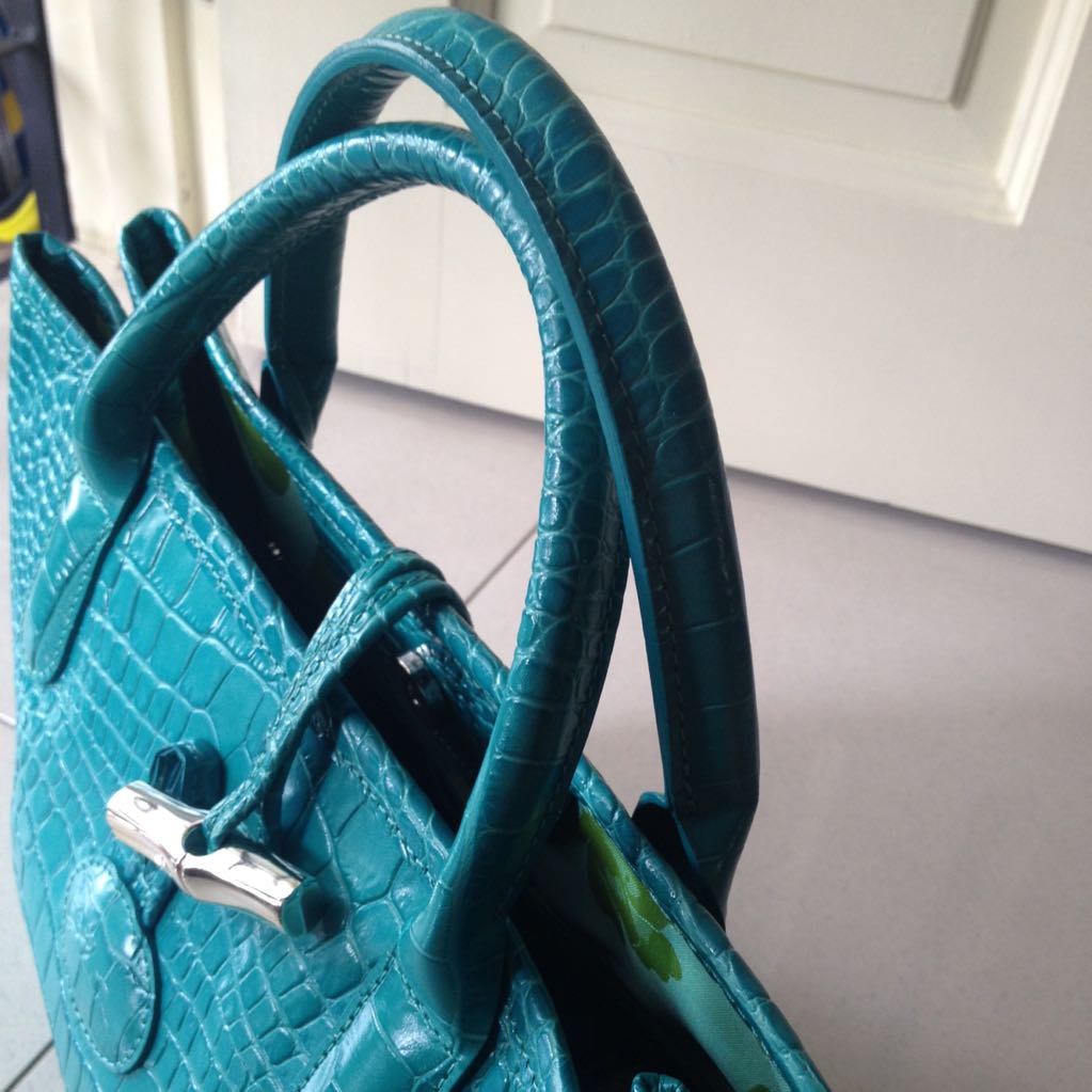 Longchamp Crossbody Shoulder Bag Roseau Turquoise Leather Croc Embossed