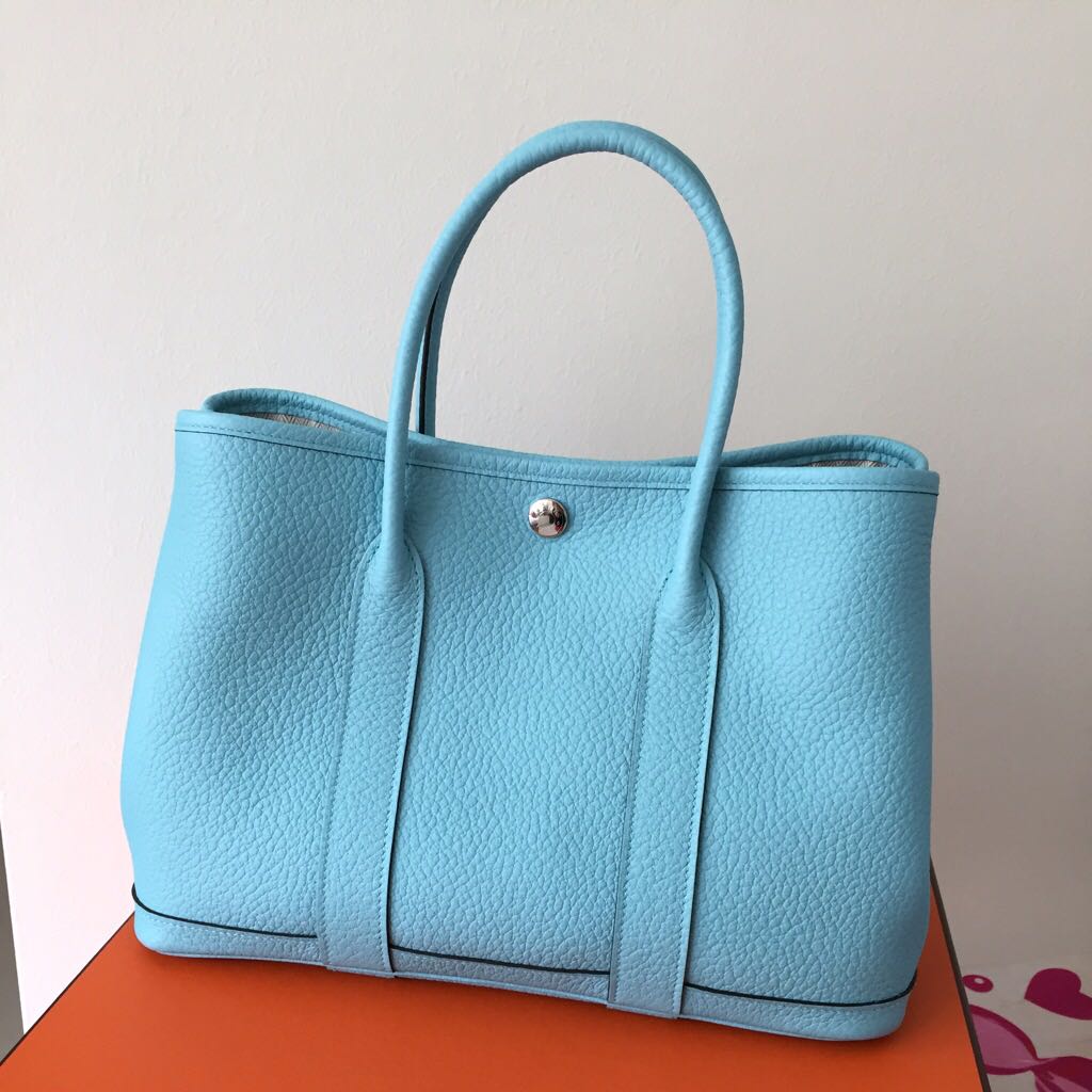 Hermès Garden Party Bleu Atoll Clemence 30 TPM Palladium Hardware, 2015 and Twilly, Blue Womens Handbag