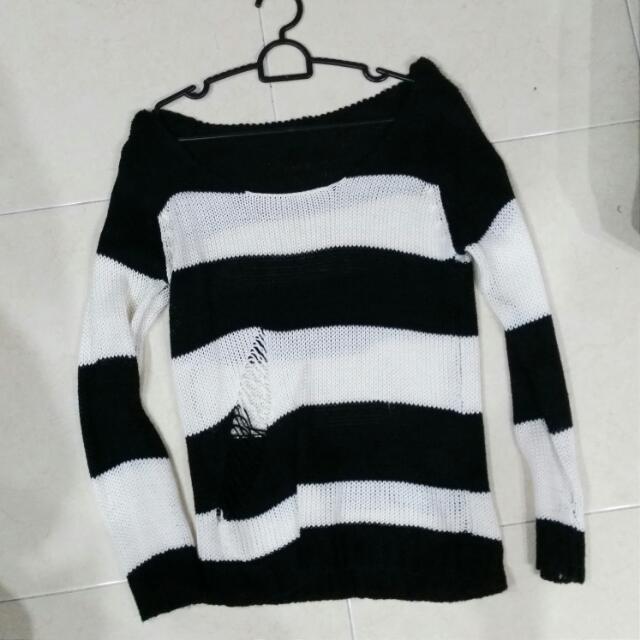 White Stripe Ripped Knit Sweater 