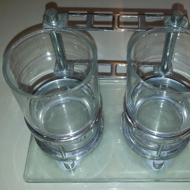 Dual Set Of Bathroom Clear Glasses For Gargle, Brush Teeth, Washing