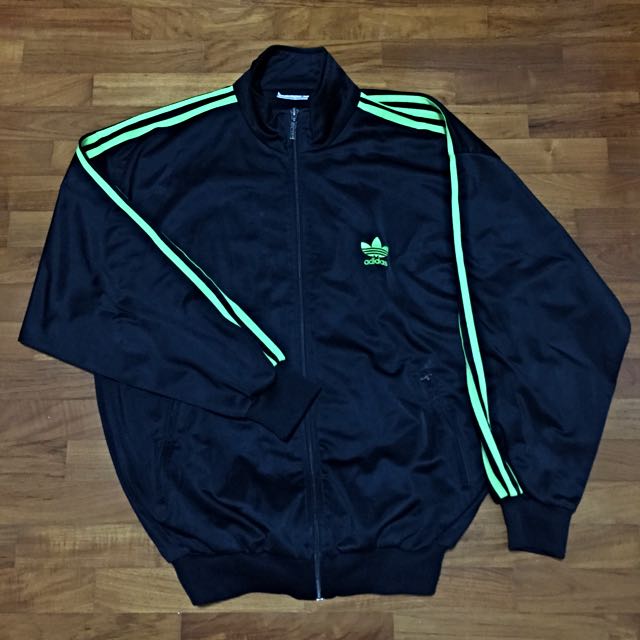 Adidas Vintage Black Zipped Jacket With Lime Green Stripes, Men's 