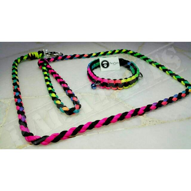 Customised Neon Rainbow Paracord Dog Leash With Matching Collar