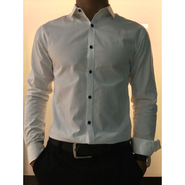 white shirt black buttons slim fit