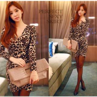 Korean Styled Sexy Leopard Print long-sleeved dress