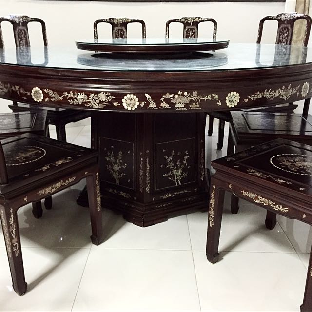 Vintage Rosewood Mother Of Pearl Inlay Dining Table And Chairs