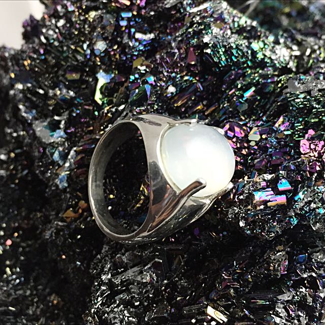 Cat Eye Moonstone Ring White Gold On Silver Vintage