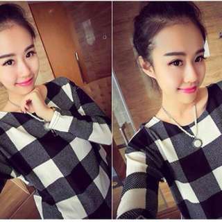 Plaid Print Round Neck Long Sleeve Short Blouse