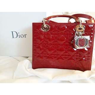 BNIB Lady Dior Bag Medium in Red Patent