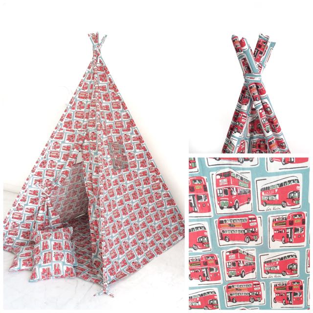 Luxury Edition Children s Play Tent Teepee Handmade in Cath Kidston London Bus Cotton Duck Designer Fabric. Comes with Padded Mat Base Two Pillows