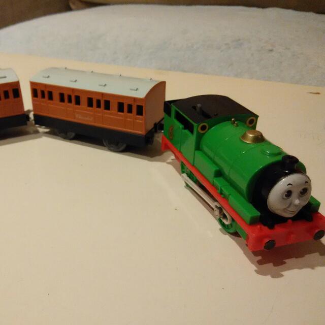 reserved tomy plarail percy green engine with 2 passanger cars thomas and friends hobbies toys toys games on carousell