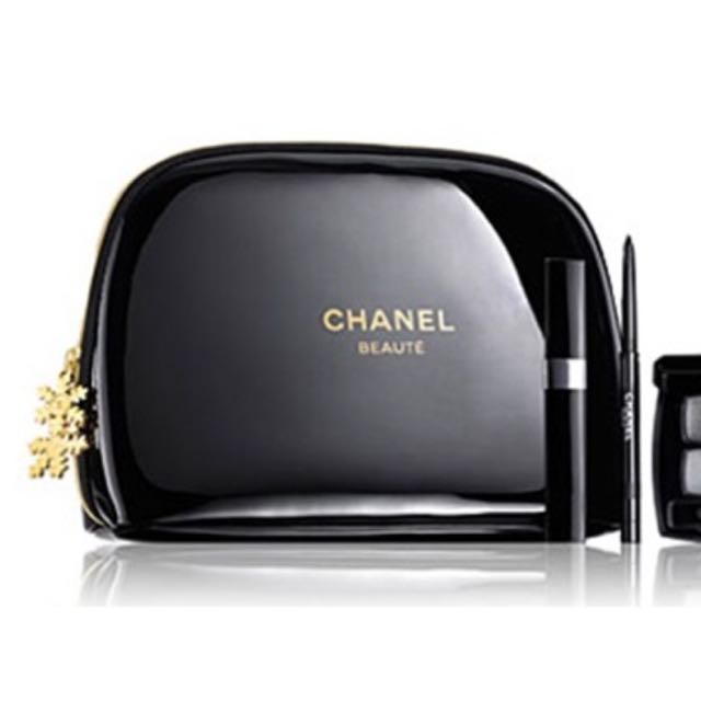 CHANEL BEAUTE Black Gold Snowflake Makeup Cosmetic Bag Pouch Case