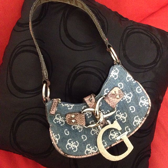 Guess Fabric Mini Bag In denim Blue Pinkish brown Snakeskin Leather Gold Logo