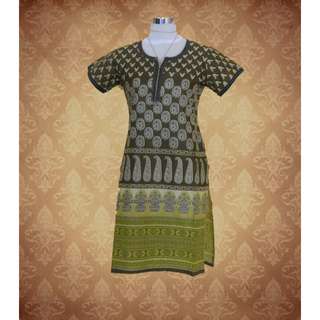 XL Brown Short-sleeved kurti with yellow and brown accents