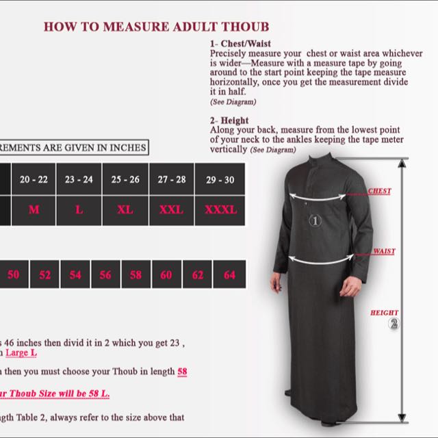 Standard Size Measurements for Thobes w Sizing by Numbers, Men's
