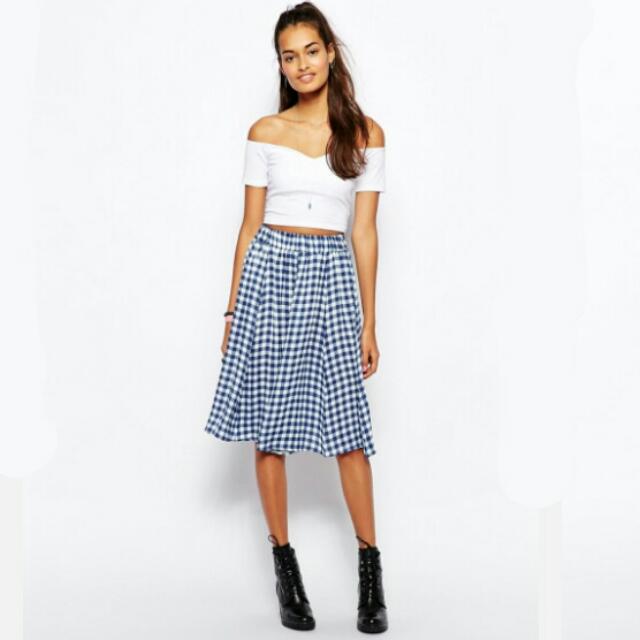 BNWOT ASOS Gingham Midi Skater Skirt NAVY