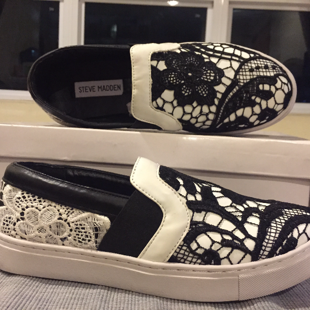 STEVE MADDEN Gulible Leather Slip On Plimsolls Black White US7