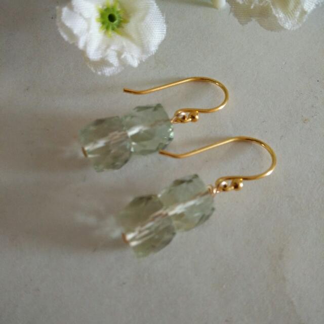 Gemstone Gold Tone Dangle Earrings. Prasiolite Green Amethyst
