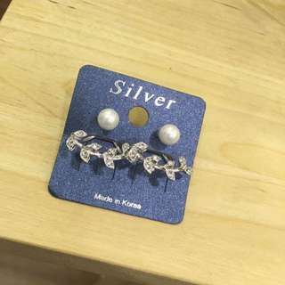 韓國 珍珠 水鑽 葉子造型 耳環