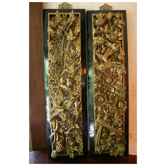 Exquisite Pair Antique Chinese Hand Carved Wood Gold Gilded Birds