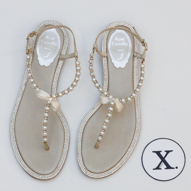 Rene Caovilla Pearl Embillished Rhinestone Border Flat Sandals