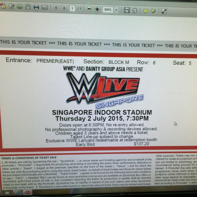 WWE Live Ticket 2nd July 2015 Singapore Indoor Stadium, Entertainment