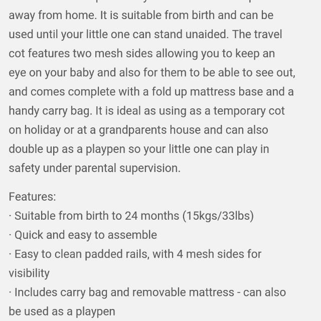 Brand New Mothercare Travel Cot, Babies & Kids, Baby Nursery & Kids