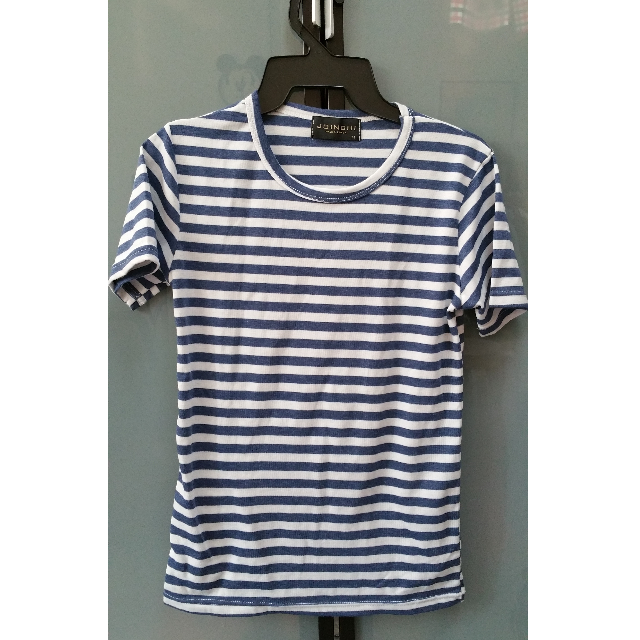 blue and white horizontal striped shirt