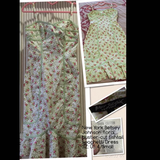 Reserved-Authentic New York Betsey Johnson green floral bustier-cut  fishtail spaghetti Dress SZ: US 4/Small, Women's Fashion, Tops, Sleeveless  on Carousell