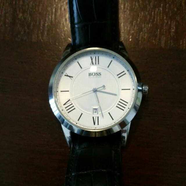 Hugo Boss Mens White Face Metallic Frame Black Leather Watch
