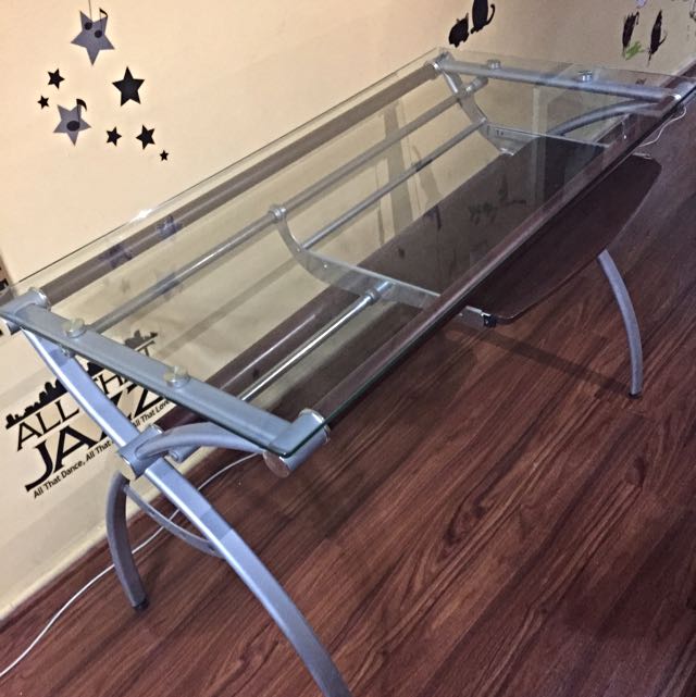 Glass + Wooden Computer Table, Furniture & Home Living, Furniture ...