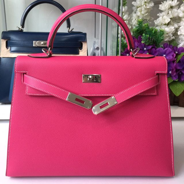 Hermes Kelly 25 Sellier Rose Tyrien Ostrich Palladium Hardware