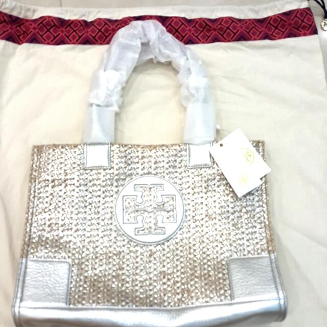 TORY BURCH New Silver Ella Metallic Straw Trimmed Silver Leather Bag,  Luxury, Bags & Wallets on Carousell