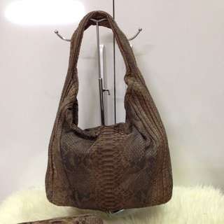Dark Brown Motif Python Hobo Handbag