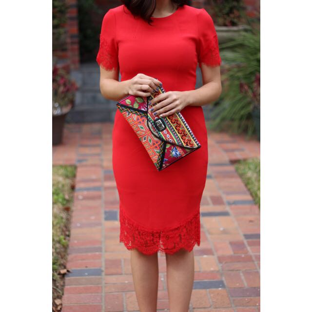 H\u0026M Lace Pencil Dress in Red, Women's 