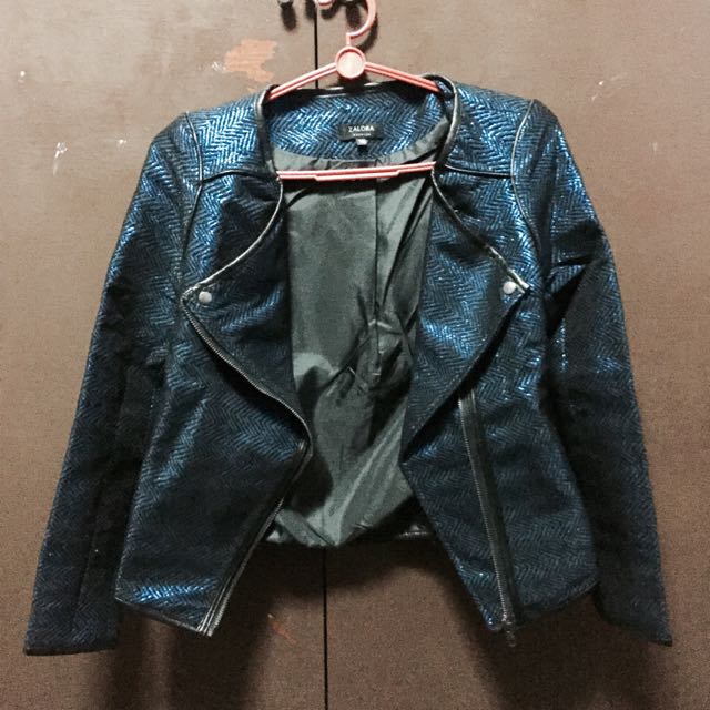 ZALORA collarless tweed biker jacket (blue), Women's Fashion, Coats