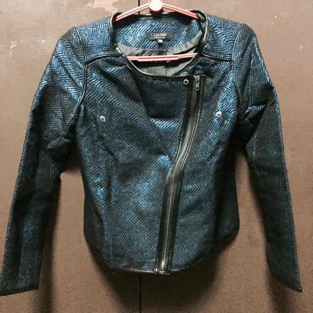 ZALORA collarless tweed biker jacket (blue), Women's Fashion, Coats