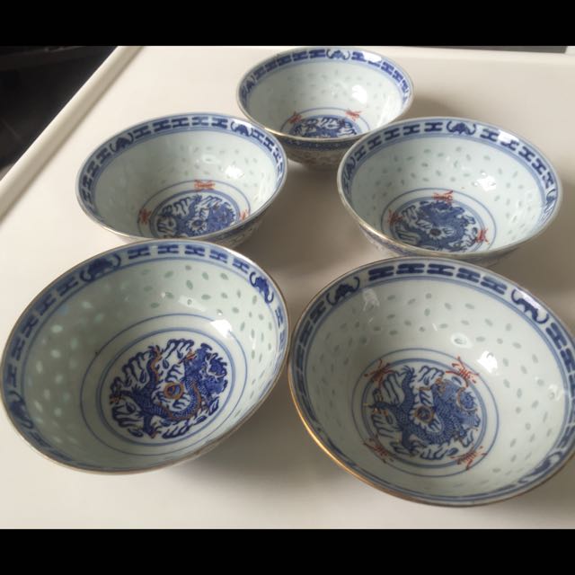 Vintage Blue Dragon Rice Bowl With With Translucent Rice Pearl Pattern