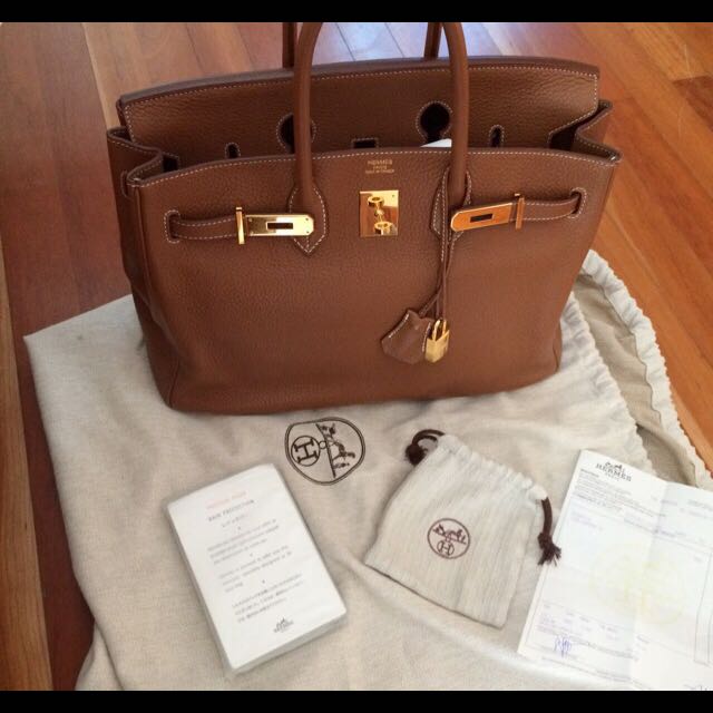 hermes birkin 35 (stamp o) gold clemence leather silver hardware, with  keys, lock, raincoat & dust cover