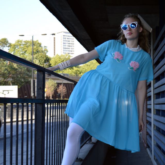blue dress with pink roses Velvi - Chelsea Ruffle Maxi Dress - Dusty Blue - Final Sale main image 0